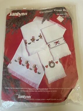 Vintage Counted Cross Stitch Kit JanLynn Christmas Holiday Towels New Unopened